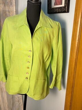 Talbots Petites Irish Linen Blazer Jacket Lime Green Size 14p Button Front